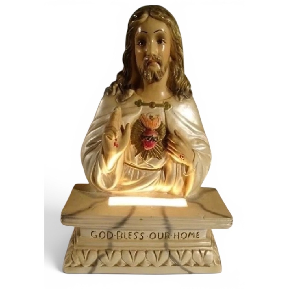 Vintage Sacred Heart Jesus Night Light God Bless Our Home Religious Statue Lamp